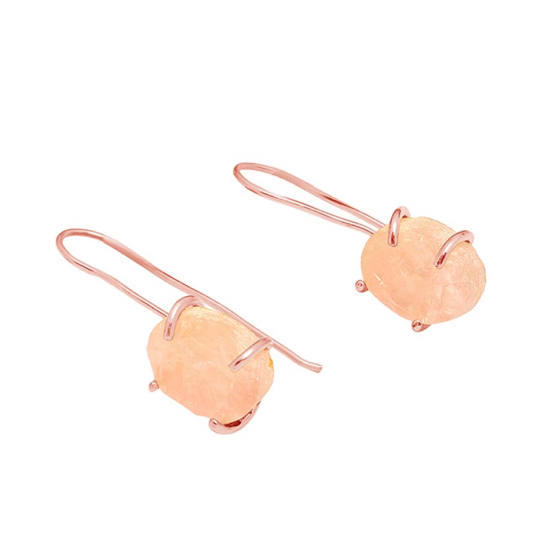 925 Sterling Silver Rose Quartz Gemstone Gold Plated Fixed Ear Wire Earrings