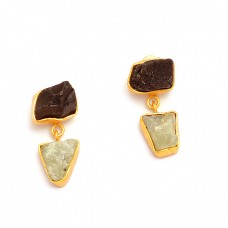 Aquamarine Black Onyx Rough Gemstone 925 Sterling Silver Gold Plated Stud Earrings