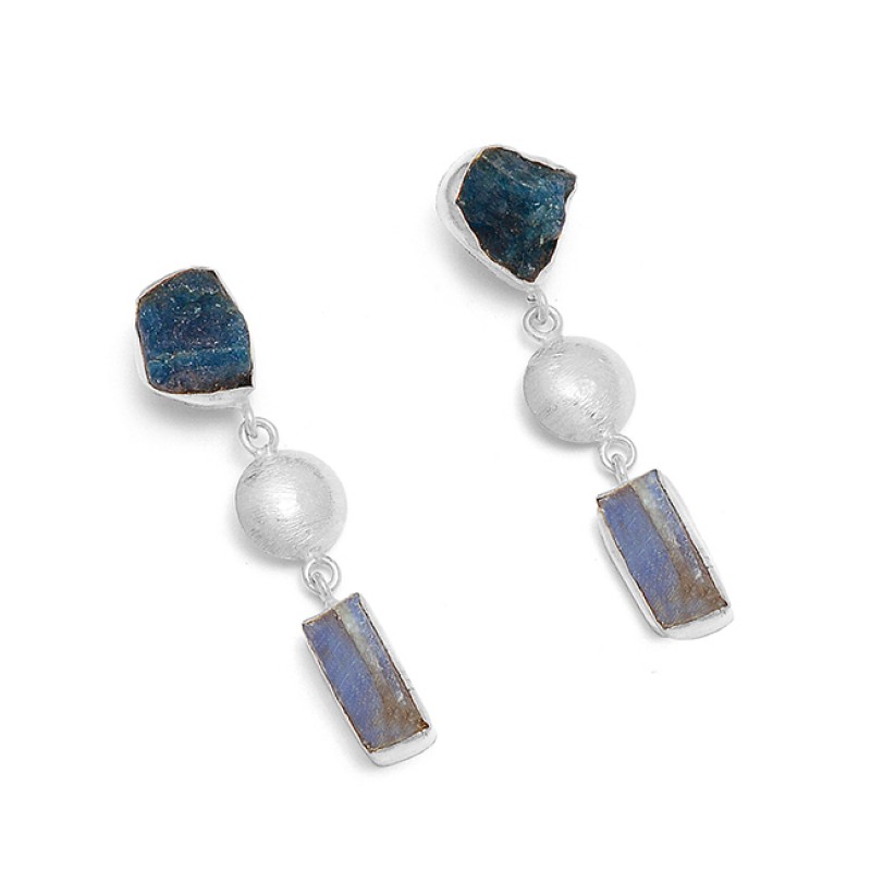 Apatite Sapphire Rough Gemstone 925 Sterling Silver Gold Plated Dangle Earrings