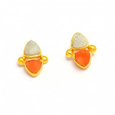 Carnelian Aquamarine Rough Gemstone 925 Sterling Silver Gold Plated Stud Earrings