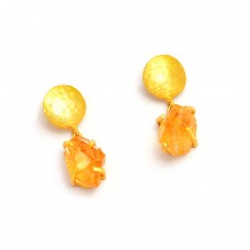 Citrine Rough Gemstone 925 Sterling Silver Gold Plated Dangle Stud Earrings