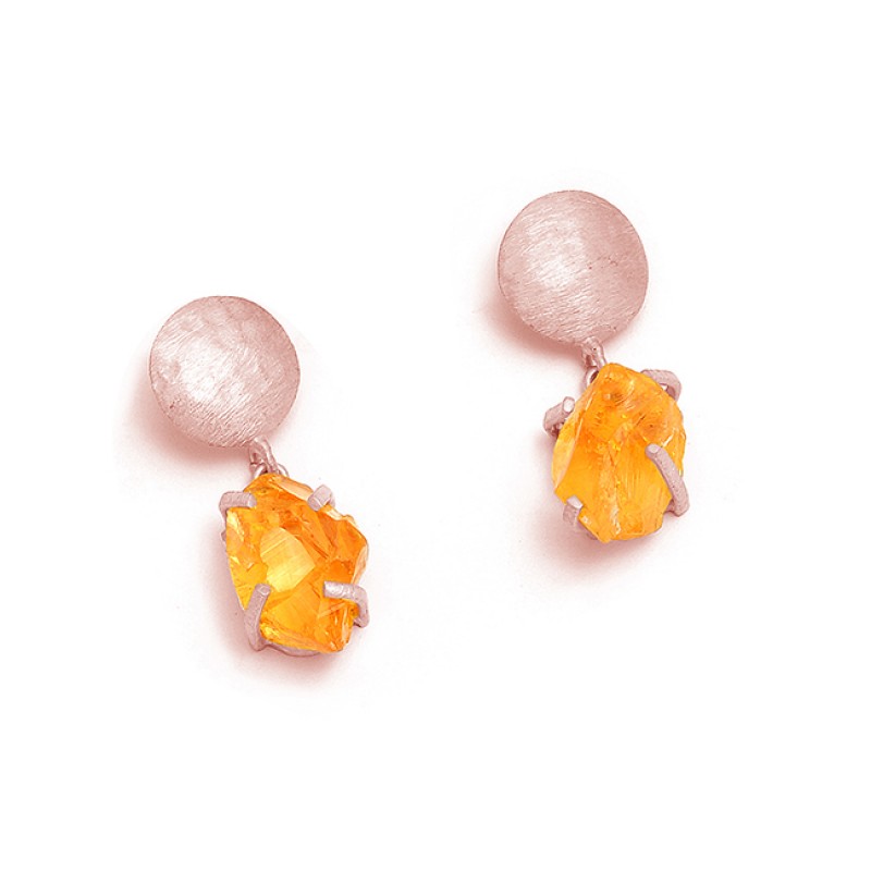 Citrine Rough Gemstone 925 Sterling Silver Gold Plated Dangle Stud Earrings