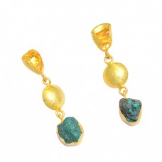 925 Sterling Silver Citrine Turquoise Rough Gemstone Gold Plated Dangle Stud Earrings