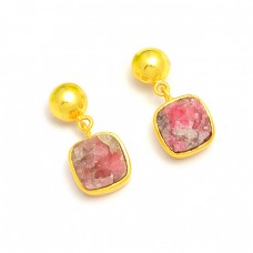 925 Sterling Silver Pink Tourmaline Rough Gemstone Gold Plated Dangle Stud Earrings