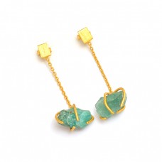 925 Sterling Silver Apatite Rough Gemstone Gold Plated Chain Stud Dangle Earrings