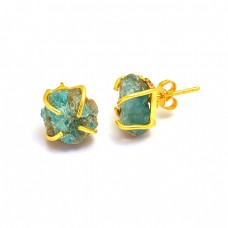 Raw Material Aquamarine Rough Gemstone 925 Silver Gold Plated Stud Earrings