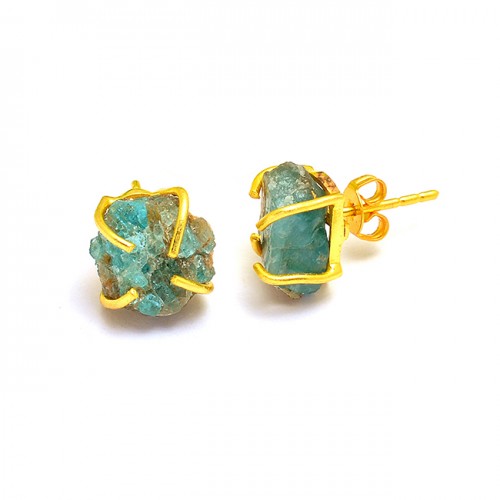 Raw Material Aquamarine Rough Gemstone 925 Silver Gold Plated Stud Earrings