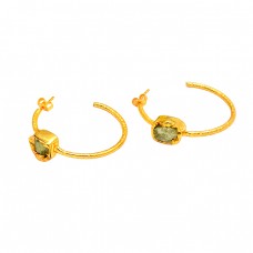 Raw Material Peridot Rough Gemstone 925 Sterling Silver Gold Plated Hoop Earrings