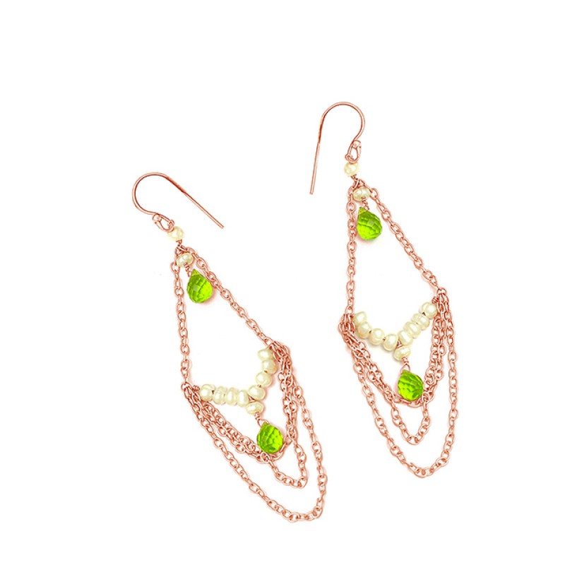 925 Sterling Silver Peridot Pearl Gemstone Hanging Chain Gold Plated Dangle Earrings