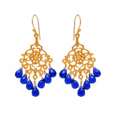 925 Sterling Silver Filigree Style Sapphire Gemstone Gold Plated Dangle Earrings