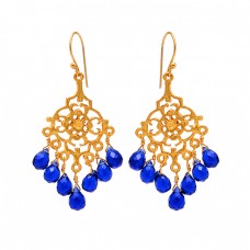 925 Sterling Silver Filigree Style Sapphire Gemstone Gold Plated Dangle Earrings