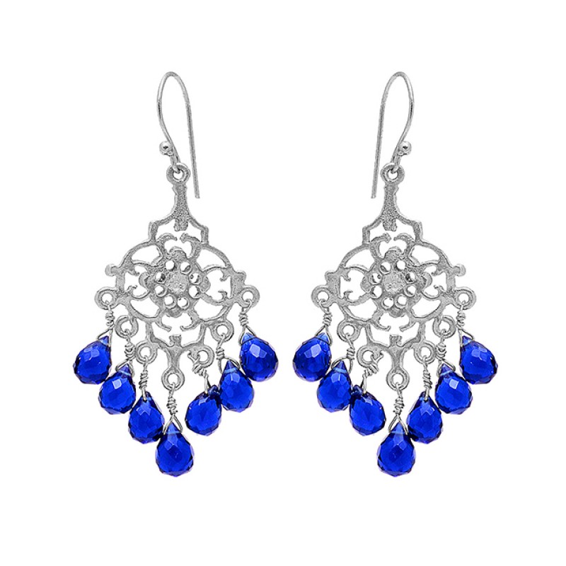 925 Sterling Silver Filigree Style Sapphire Gemstone Gold Plated Dangle Earrings