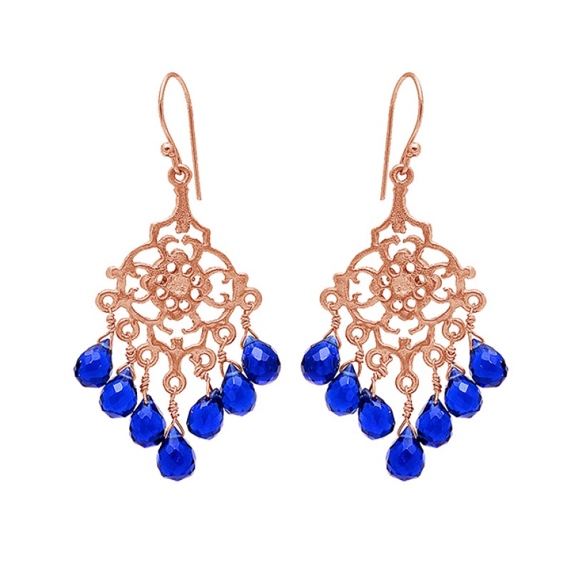 925 Sterling Silver Filigree Style Sapphire Gemstone Gold Plated Dangle Earrings
