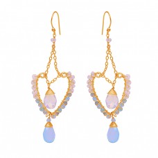 925 Sterling Silver Rainbow Moonstone Chalcedony Gemstone Gold Plated Earrings