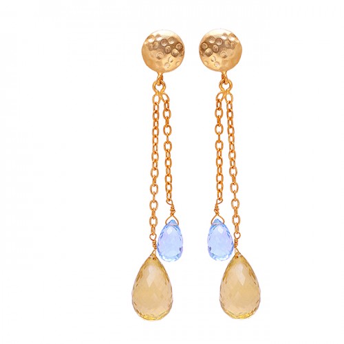 925 Sterling Silver Sky Blue Topaz Lemon Quartz Gemstone Gold Plated Stud Earrings