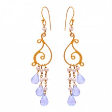 925 Sterling Silver Blue Topaz Pearl Gemstone Gold Plated Dangle Earrings