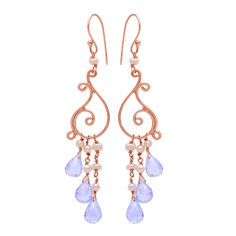 925 Sterling Silver Blue Topaz Pearl Gemstone Gold Plated Dangle Earrings