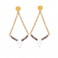 925 Sterling Silver Crystal Smoky Quartz Gemstone Gold Plated Chain Stud Earrings