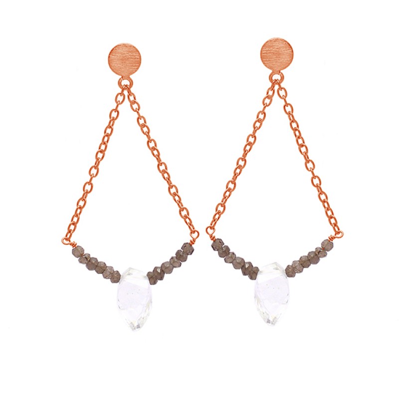 925 Sterling Silver Crystal Smoky Quartz Gemstone Gold Plated Chain Stud Earrings