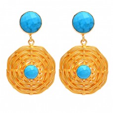 925 Sterling Silver Round Shape Turquoise Gemstone Gold Plated Dangle Earrings