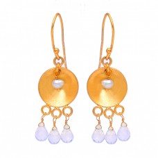 Rainbow Moonstone Pear Gemstone 925 Sterling Silver Gold Plated Dangle Earrings