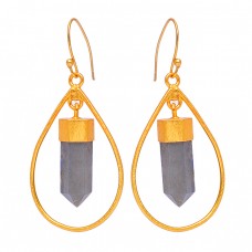 Step Cut Pencil Shape Labradorite Gemstone 925 Sterling Silver Gold Plated Earrings