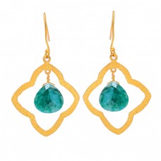 Heart Shape Emerald Gemstone 925 Sterling Silver Gold Plated Dangle Earrings