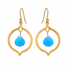 Briolette Heart shape Turquoise Gemstone 925 Sterling Silver Gold Plated Dangle Earrings