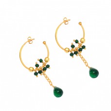 925 Sterling Silver Green Onyx Gemstone Gold Plated Dangle Hoop Earrings