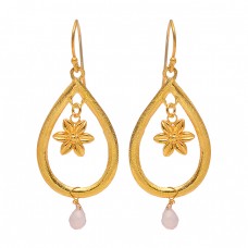 925 Sterling Silver Pear Drops Rose Chalcedony Gemstone Gold Plated Dangle Earrings