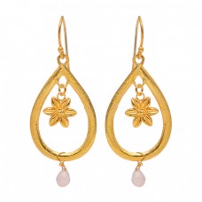 925 Sterling Silver Pear Drops Rose Chalcedony Gemstone Gold Plated Dangle Earrings