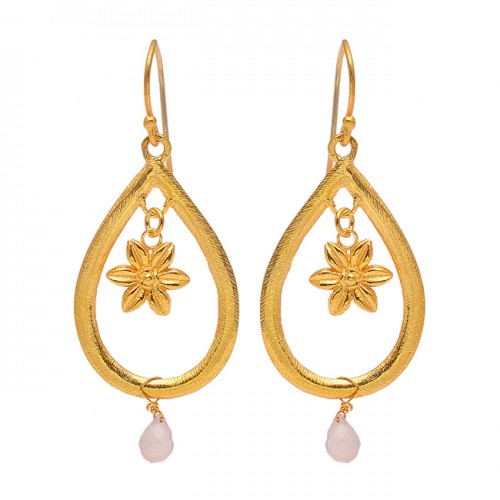 925 Sterling Silver Pear Drops Rose Chalcedony Gemstone Gold Plated Dangle Earrings