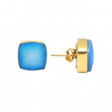 Cushin Shape Blue Druzy Gemstone 925 Sterling Silver Gold Plated Stud Earrings