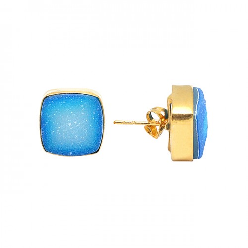 Cushin Shape Blue Druzy Gemstone 925 Sterling Silver Gold Plated Stud Earrings