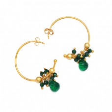 Roundel Beads Pear Drops Shape Green Onyx Gemstone 925 Silver Gold Plated Hoop Earrings