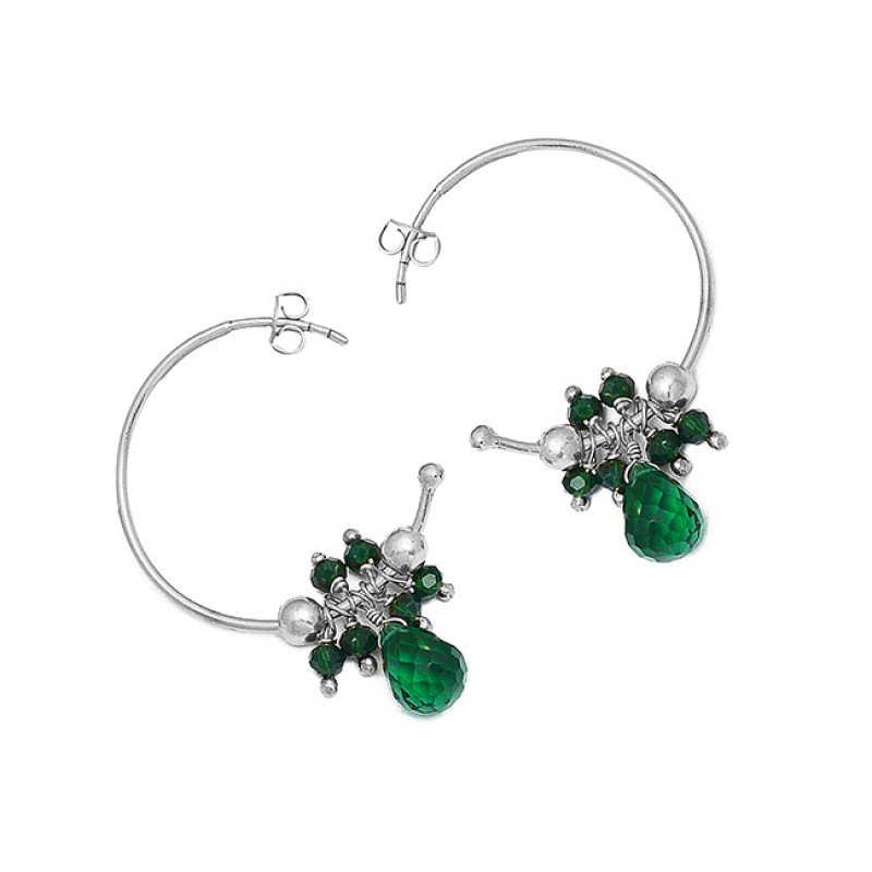Roundel Beads Pear Drops Shape Green Onyx Gemstone 925 Silver Gold Plated Hoop Earrings