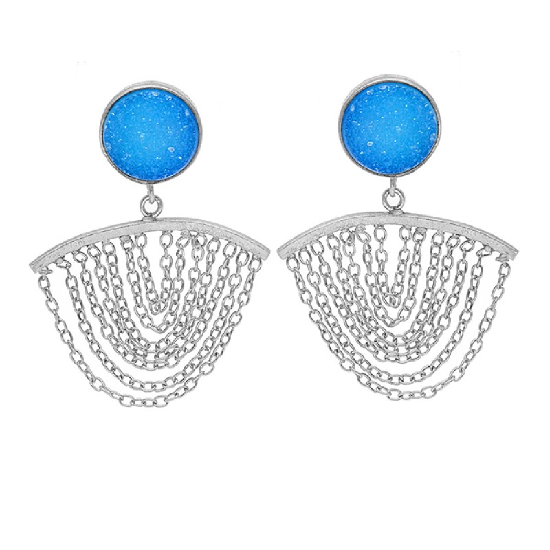 Round Shape Blue Druzy Gemstone 925 Silver Gold Plated Hanging Chain Stud Earrings