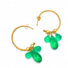 Pear Drops Shape Green Quartz Gemstone 925 Sterling Silver Gold Plated Hoop Earrings