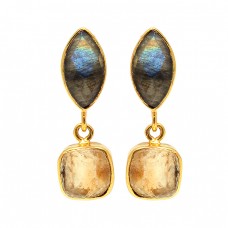 Labradorite Citrine Gemstone 925 Sterling Silver Gold Plated Dangle Stud Earrings