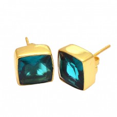 Faceted Square Shape Green Quartz Gemstone 925 Silver Gold Plated Stud Earrings