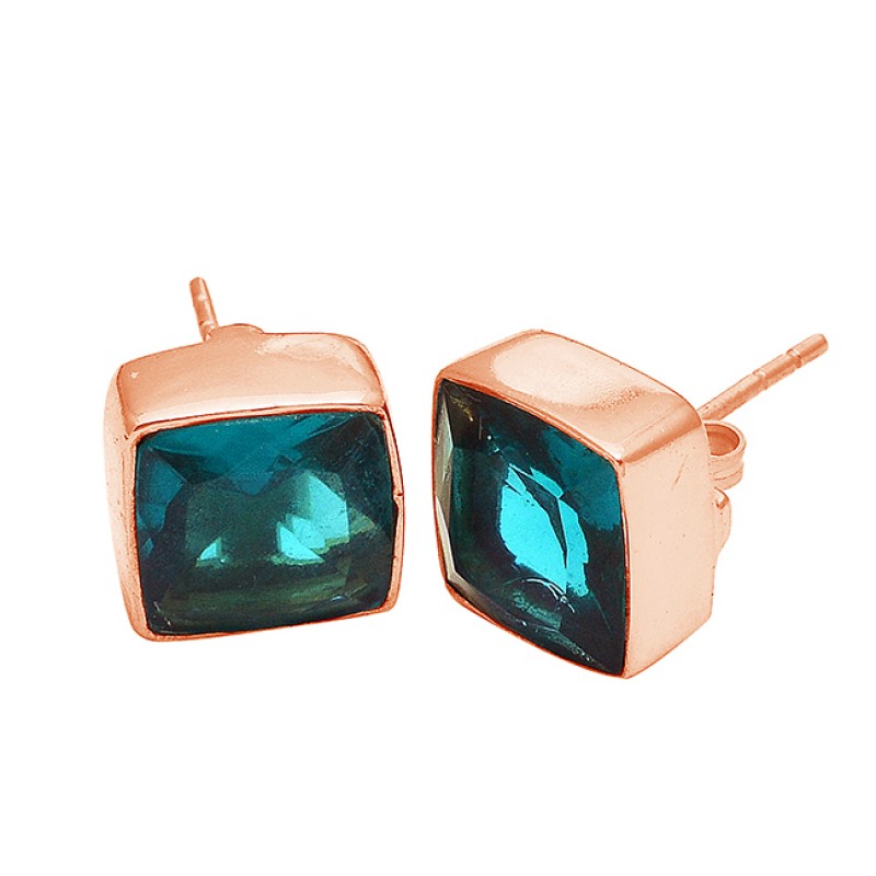 Faceted Square Shape Green Quartz Gemstone 925 Silver Gold Plated Stud Earrings