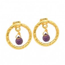 Amethyst Pear Drops Shape Gemstone 925 Sterling Silver Gold Plated Stud Earrings