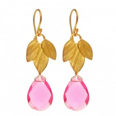 Briolette Pear Shape Pink Quartz Gemstone 925 Sterling Silver Gold Plated Dangle Earrings