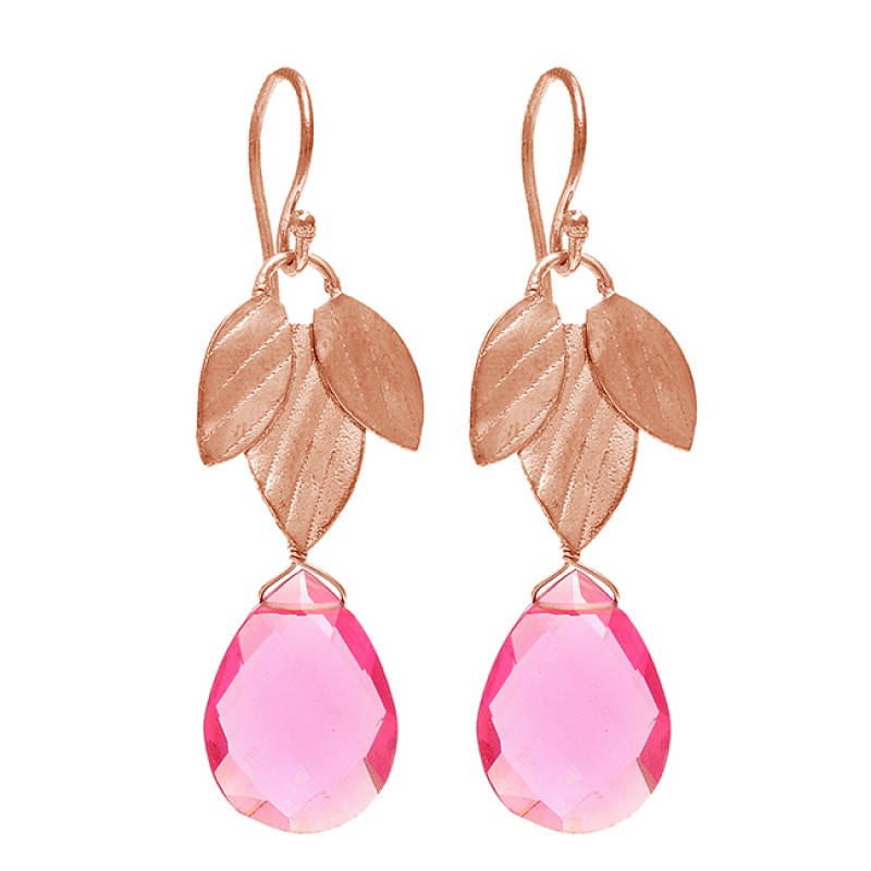 Briolette Pear Shape Pink Quartz Gemstone 925 Sterling Silver Gold Plated Dangle Earrings