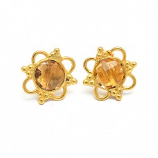 925 Sterling Silver Round Shape Citrine Gemstone Gold Plated Designer Stud Earrings