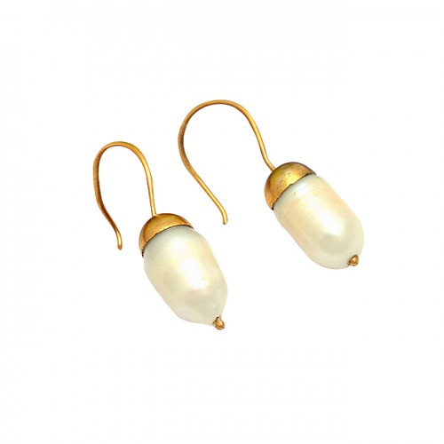 Cabochon Oval Shape Pearl Gemstone 925 Sterling Silver Gold Plated Designer Earrings