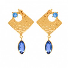 925 Sterling Silver Blue Topaz Gemstone Hammered Designer Stud Dangle Earrings