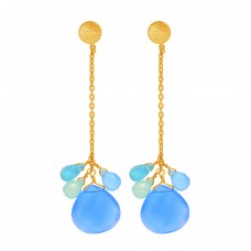 Blue Chalcedony Gemstone 925 Sterling Silver Gold Plated Chain Dangle Earrings