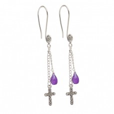 Amethyst Pear Drop Shape Gemstone 925 Sterling Silver Hanging Chain Dangle Earrings