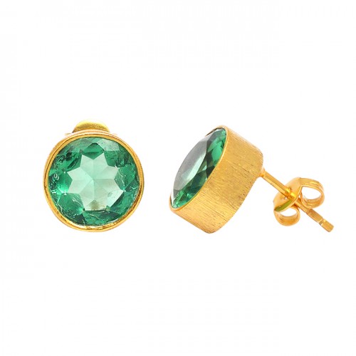Faceted Round Shape Apatite Gemstone 925 Sterling Silver Gold Plated Stud Earrings